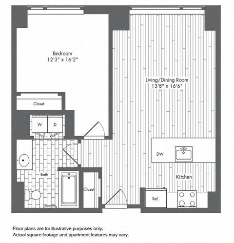 Floor plan for 1 bed, 1 bath, 717 sqft